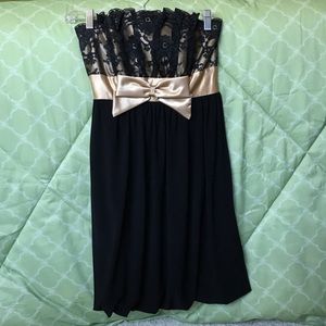 Black and Gold Strapless Dress with Lace